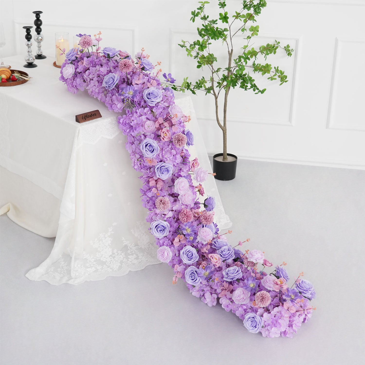 Uflower Purple Rose Table Runner Sofa Floral Wedding Backdrop Decor